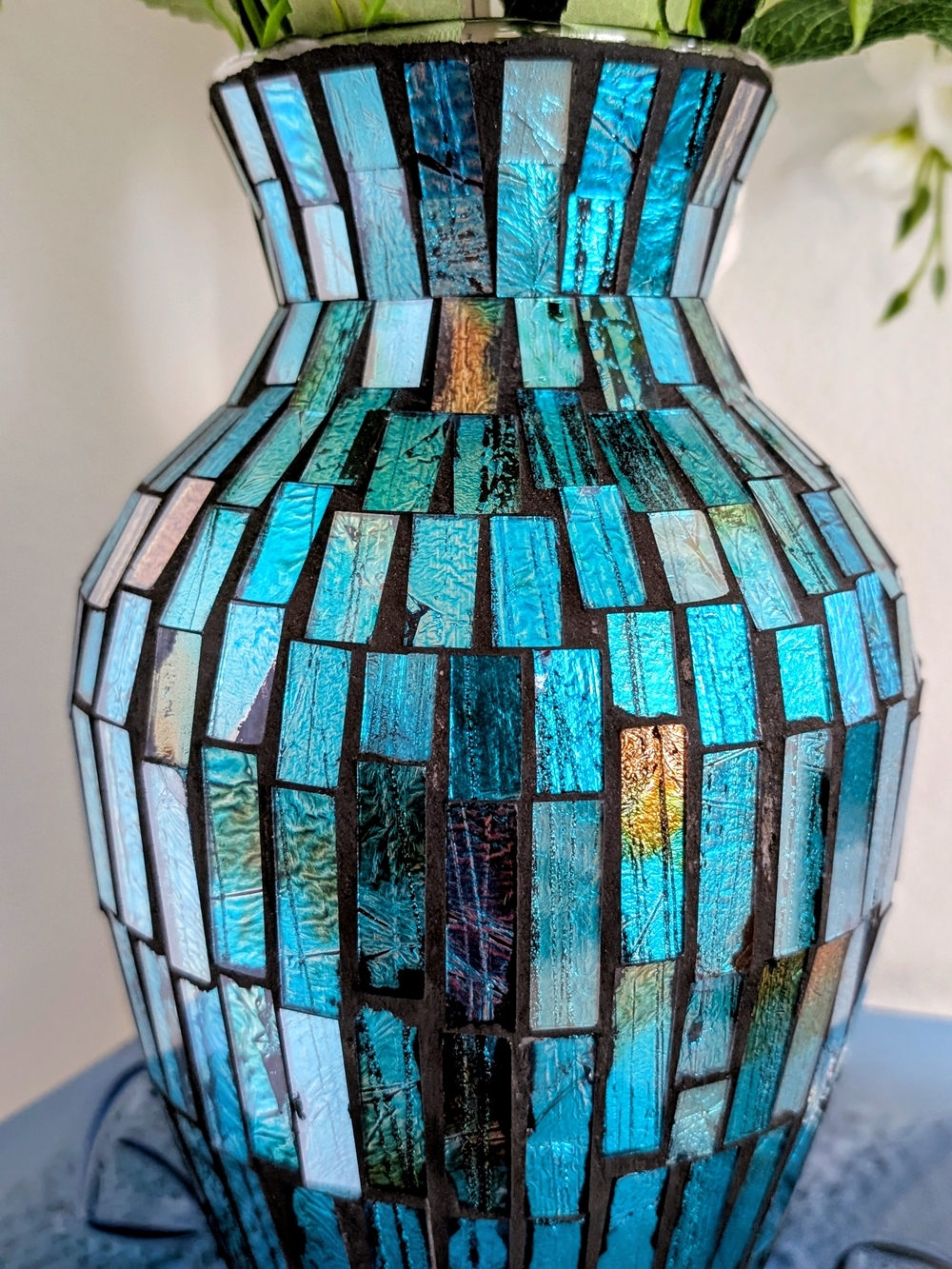 Abrand Teal and Aqua Iridescent Mosaic Vase